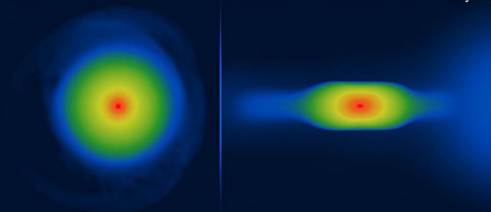 Simulated young planet as viewed from the top (left) and from the side (right) (arXiv (2024))