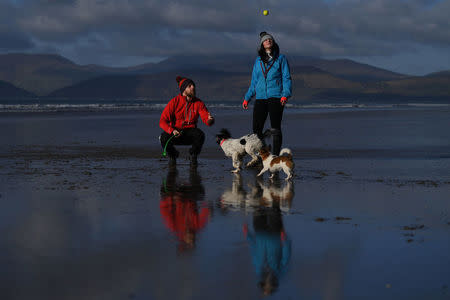 Cathal King, 31, a veterinarian, and Jessica O'Connor, 28, a final-year veterinary student in Budapest, pose for a photograph with dogs on Rossbeigh Beach near the County Kerry village of Rossbeigh, Ireland, February 4, 2018. "We met playing tag rugby in Killarney. We're both very active people. We do adventure races, hiking, and love to travel. We've been together three and a half years. I grew up back here in Rossbeigh so that's the main reason we're here," said Cathal. Dogs are Indi, the Spaniel, which they own together and Pippa, the Jack Russell, Jessica's mother's dog. REUTERS/Clodagh Kilcoyne