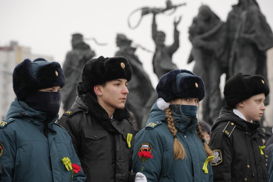 Cadets attend a commemoration ceremony at the monument of the Heroic Defenders of Leningrad, in St. Petersburg, Russia, Saturday, Jan. 27, 2024. The ceremony marked the 80th anniversary of the battle that lifted the Siege of Leningrad. The Nazi siege of Leningrad, now named St. Petersburg, was fully lifted by the Red Army on Jan. 27, 1944. More than 1 million people died mainly from starvation during the nearly900-day siege. (AP Photo/Dmitri Lovetsky)