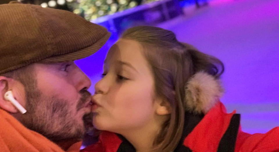 David Beckham pictured kissing daughter Harper on the lips. [Photo: Instagram]