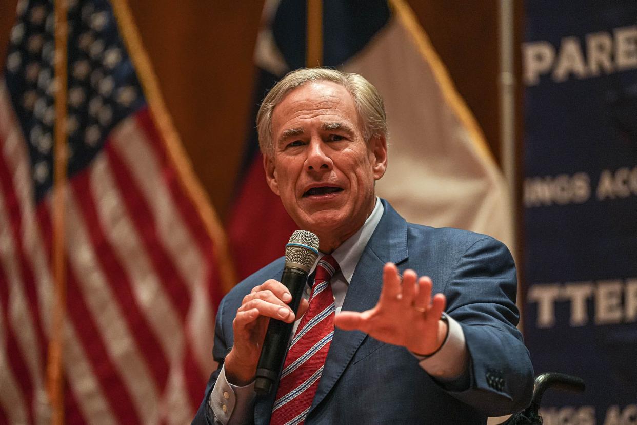 Texas Governor Greg Abbot speaks at a Parent Empowerment Rally in the auditorium of the Texas Capitol on Monday, Oct. 16, 2023.