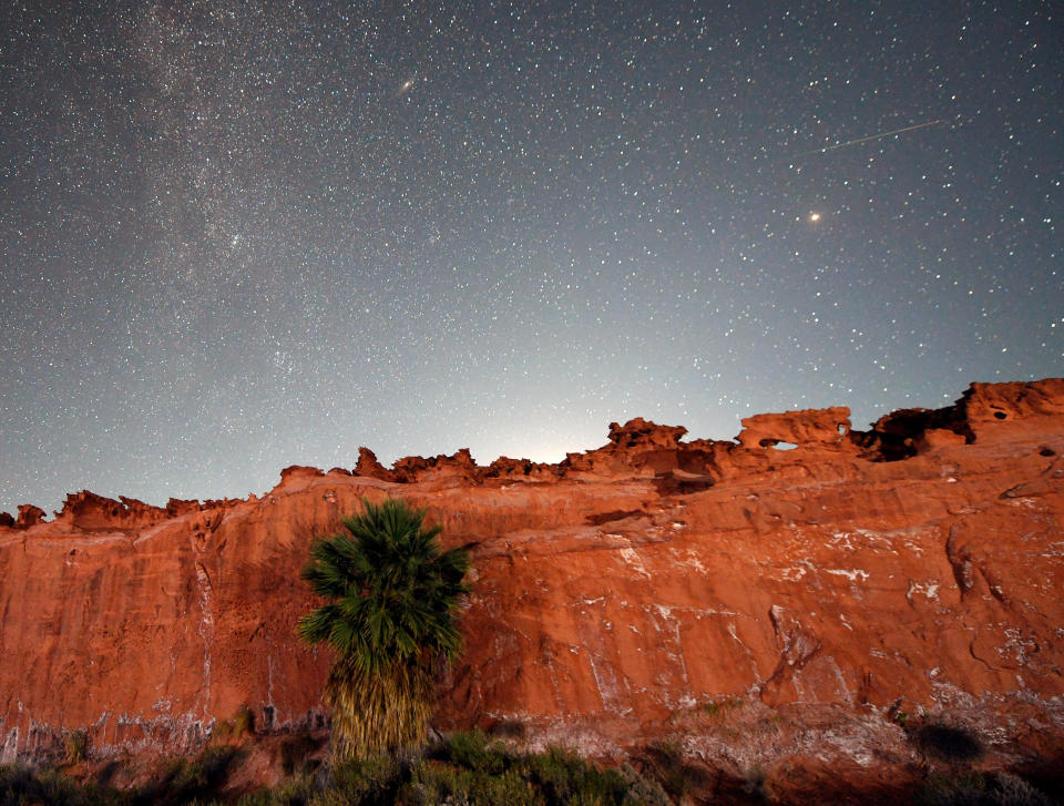 A Perseid meteor streaks across the sky above Gold Butte National Monument, Nevada on August 12, 2020. / Credit: Ethan Miller/Getty Images