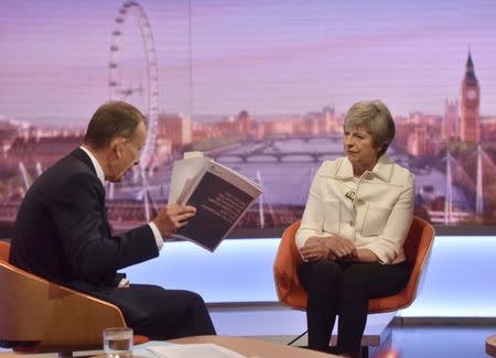 Britain's Prime Minister, Theresa May, appears on the BBC's Andrew Marr Show in London, Britain July 15, 2018. Jeff Overs/BBC Handout via REUTERS