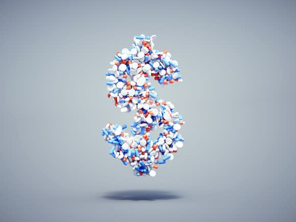 Pills making dollar sign in red, white, and blue colors.