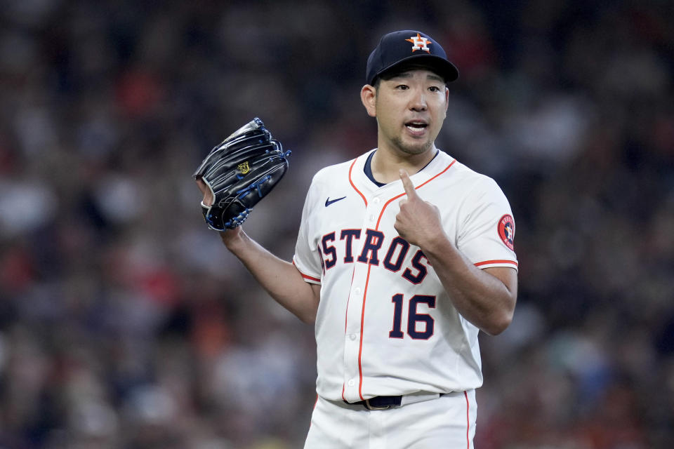 Houston Astros starting pitcher Yusei Kikuchi questions a call during the fifth inning of a baseball game against the Arizona Diamondbacks, Saturday, Sept. 7, 2024, in Houston. (AP Photo/Eric Christian Smith)