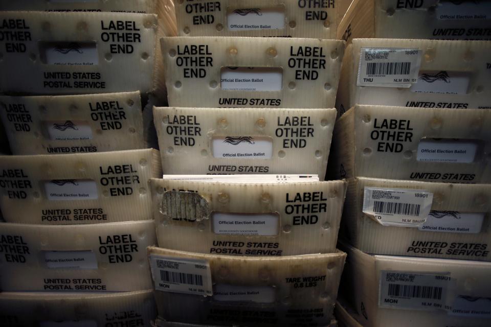 Processed mail-in ballots are seen at the Bucks County Board of Elections office prior to the primary election in Doylestown, Pa. on May 27, 2020. 