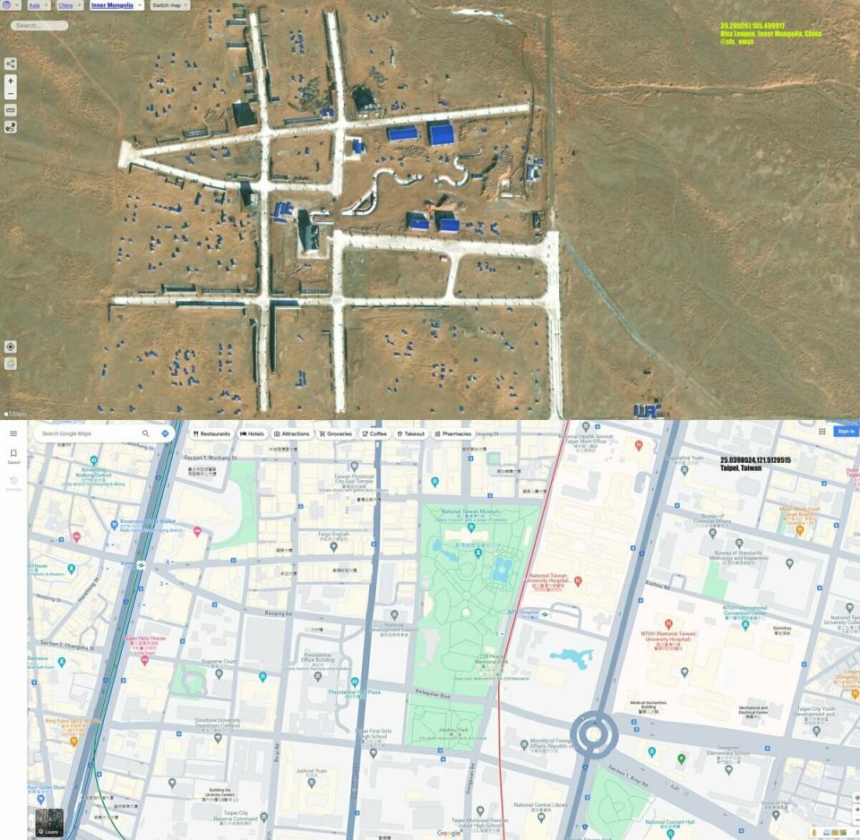 帳號「sfx_ewss」在X平台上貼出一張共軍內蒙古軍事基地與博愛特區的空照對比圖。   圖:翻攝自sfx_ewss/X