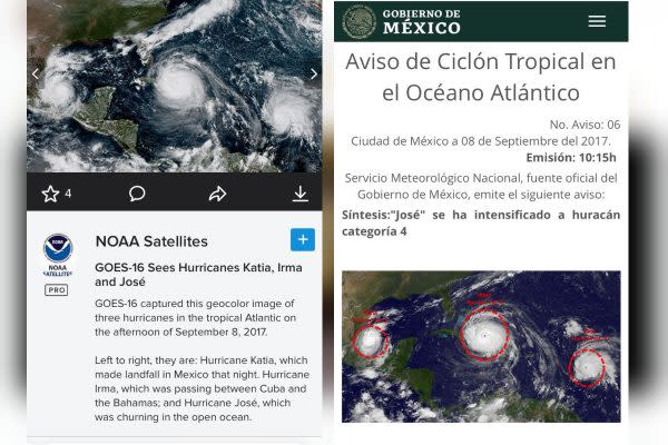 Los tres huracanes en el Atlántico coincidieron en el 2017 Captura: NOAA /SMN