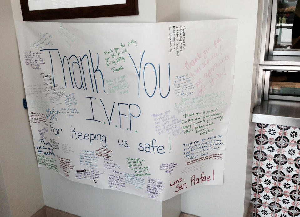 This Tuesday, April 8, 2014 photo shows the Isla Vista Foot Parol station where students brought in a sign thanking officers for keeping them safe in the Isla Vista area of Santa Barbara County, Calif. With streets still littered in glass and garbage cans overflowing with red cups and bottles, University of California, Santa Barbara students were trying to shake off a lingering hangover days after their annual spring party morphed into a raucous and violent blowout. (AP Photo/Tami Abdollah)