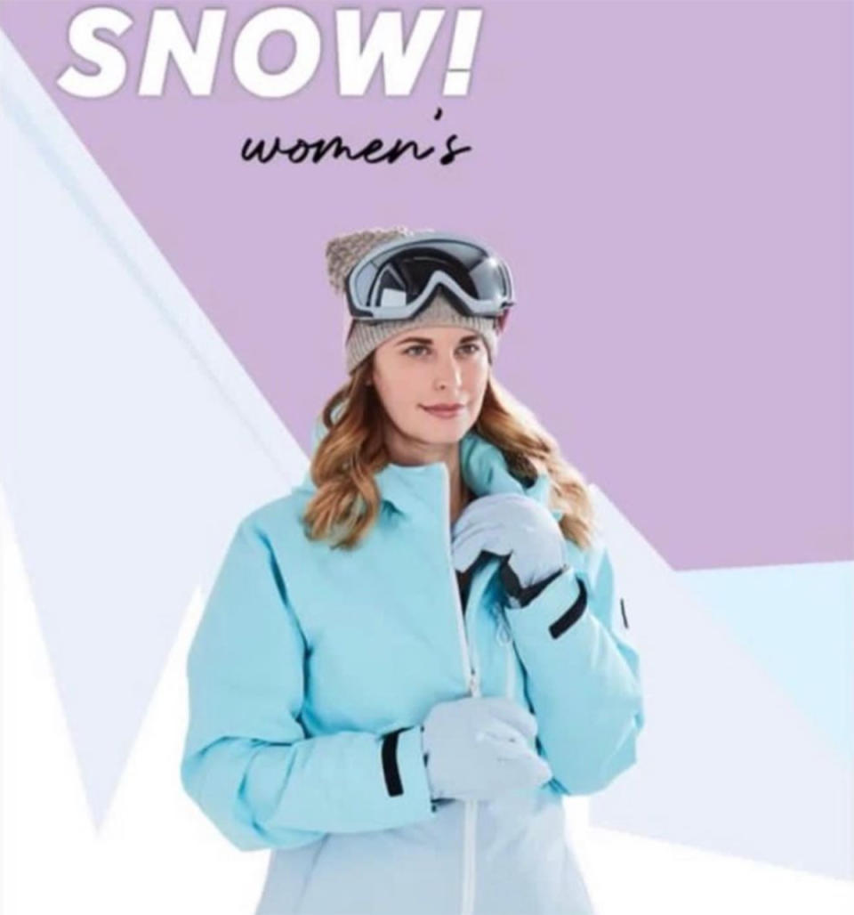 Holly Greenstein wearing a snow jacket, gloves, beanie and goggles in an ad for Rebel Sport. Photo: Instagram/hollygreenstein.