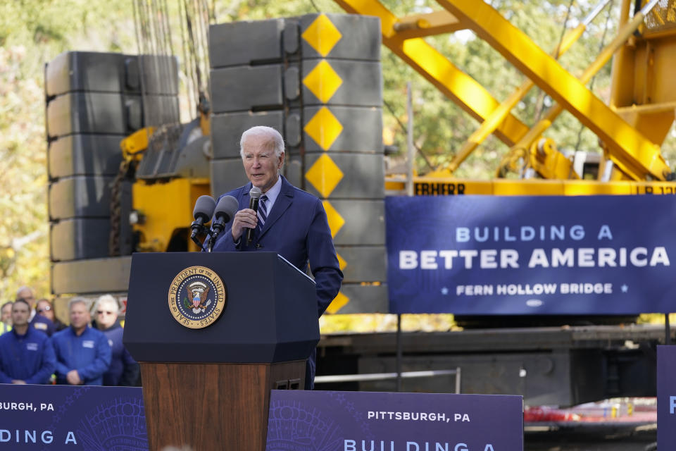 President Joe Biden speaks about his infrastructure agenda at Fern Hollow Bridge in Pittsburgh, Thursday, Oct. 20, 2022. (AP Photo/Patrick Semansky)
