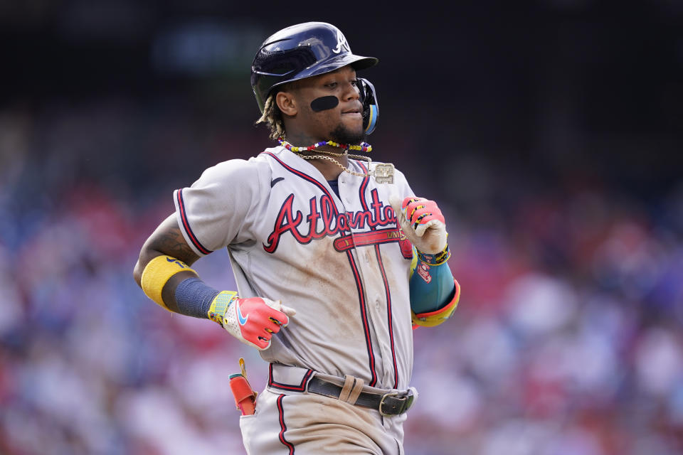 Atlanta Braves' Ronald Acuna Jr. plays during the first baseball game in a doubleheader, Monday, Sept. 11, 2023, in Philadelphia. (AP Photo/Matt Slocum)