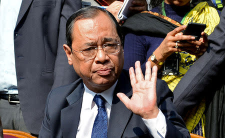 FILE PHOTO: Ranjan Gogoi, a Supreme Court judge, gestures as he addresses the media at a news conference in New Delhi, India January 12, 2018. REUTERS/Stringer/File Photo