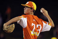 River Ridge, La.'s Marshall Louque delivers during the fifth inning against South Riding, Va., at the Little League World Series baseball tournament in South Williamsport, Pa., Thursday, Aug. 22, 2019. River Ridge, Louisiana won 10-0 in five innings, with Louque pitching a no-hitter. (AP Photo/Gene J. Puskar)