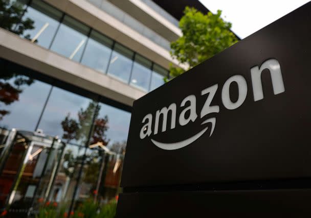 PHOTO: Amazon logo seen at the entrance to Amazon's Shannon Building in Dublin. (Photo by Artur Widak/NurPhoto via Getty Images)