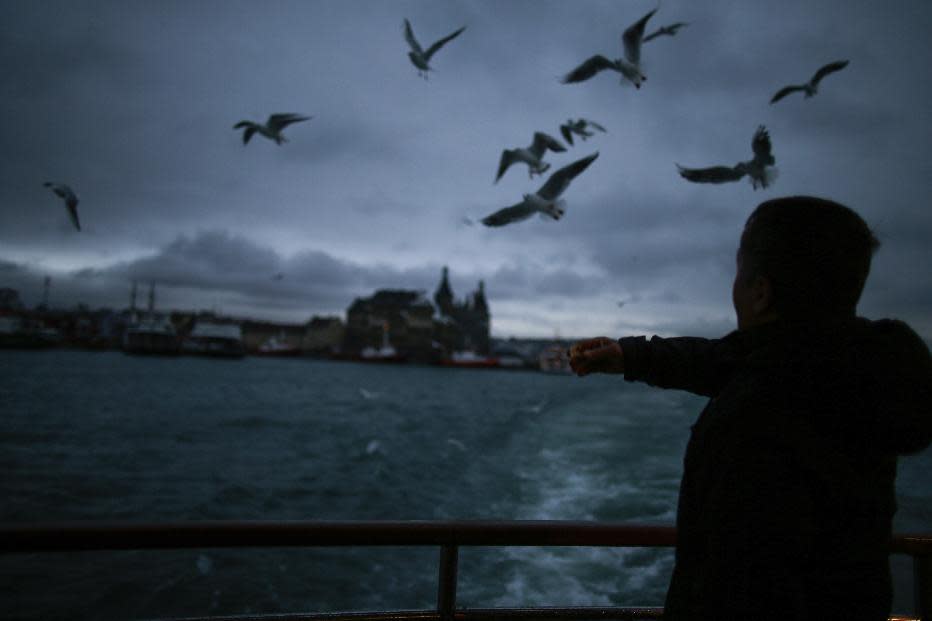 In this photo taken on Friday, Jan. 6, 2017, seagulls fly over a boat crossing the Bosporus Strait on a boat in Istanbul. These days, with a string of terror attacks targeting Istanbul still fresh in his memory, some residents say they are adapting their daily routines because of fears they could become the latest victims of violent extremism. (AP Photo/Emrah Gurel)