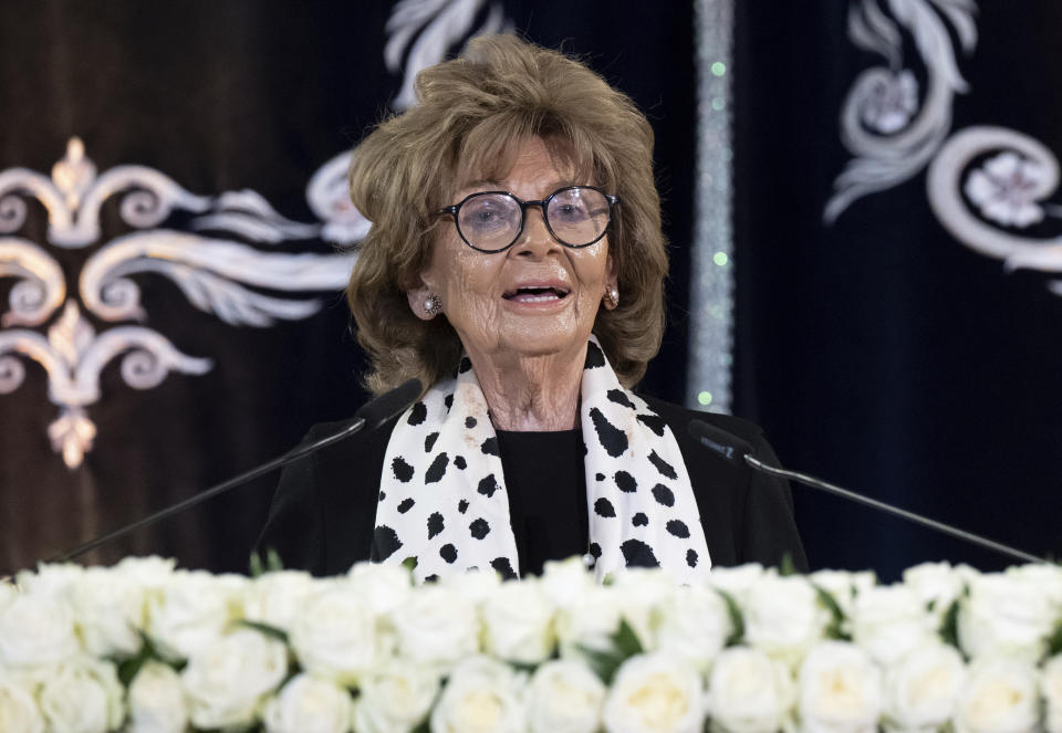 Charlotte Knobloch, President of the Jewish Community of Munich and Upper Bavaria, takes part in a ceremony to mark the 20th anniversary of the main synagogue "Ohel Jakob" and commemorate the pogrom night in Munich, Germany, Thursday, Nov. 9, 2023. It was Nov. 9, 1938, or Kristallnacht — the “Night of Broken Glass” — when Nazis terrorized Jews throughout Germany and Austria. Now, on the 85th anniversary of Kristallnacht this week, Knobloch still remembers that night with horror and says it will be burned into her memory forever. (Sven Hoppe/dpa via AP)