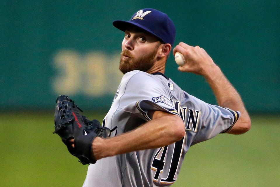 Milwaukee Brewers starting pitcher Taylor Jungmann (41) delivers in the seventh inning of his first major league start during a baseball game against the Pittsburgh Pirates in Pittsburgh, Tuesday, June 9, 2015.