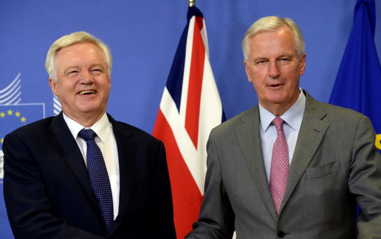 Britain's Brexit Minister David Davis (L) and European Union Chief Negotiator in charge of Brexit negotiations Michel Barnier pictured prior to their meeting at the European Union Commission headquarter in Brussels on July 17, 2017