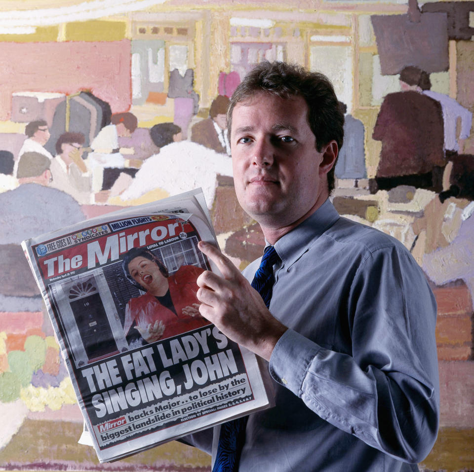 LONDON, ENGLAND - MAY 14:  (FILE PHOTO) Editor of the Daily Mirror newspaper, Piers Morgan is seen in his office from 1997 at the tabloid's Canary Wharf headquarters in London. Morgan, was forced to resign from the paper on May 14, 2004 after it was proven that a set of photos he had published, purporting to show British troops abusing Iraqi prisoners were in fact fake. (Photo by David Levenson/Getty Images)