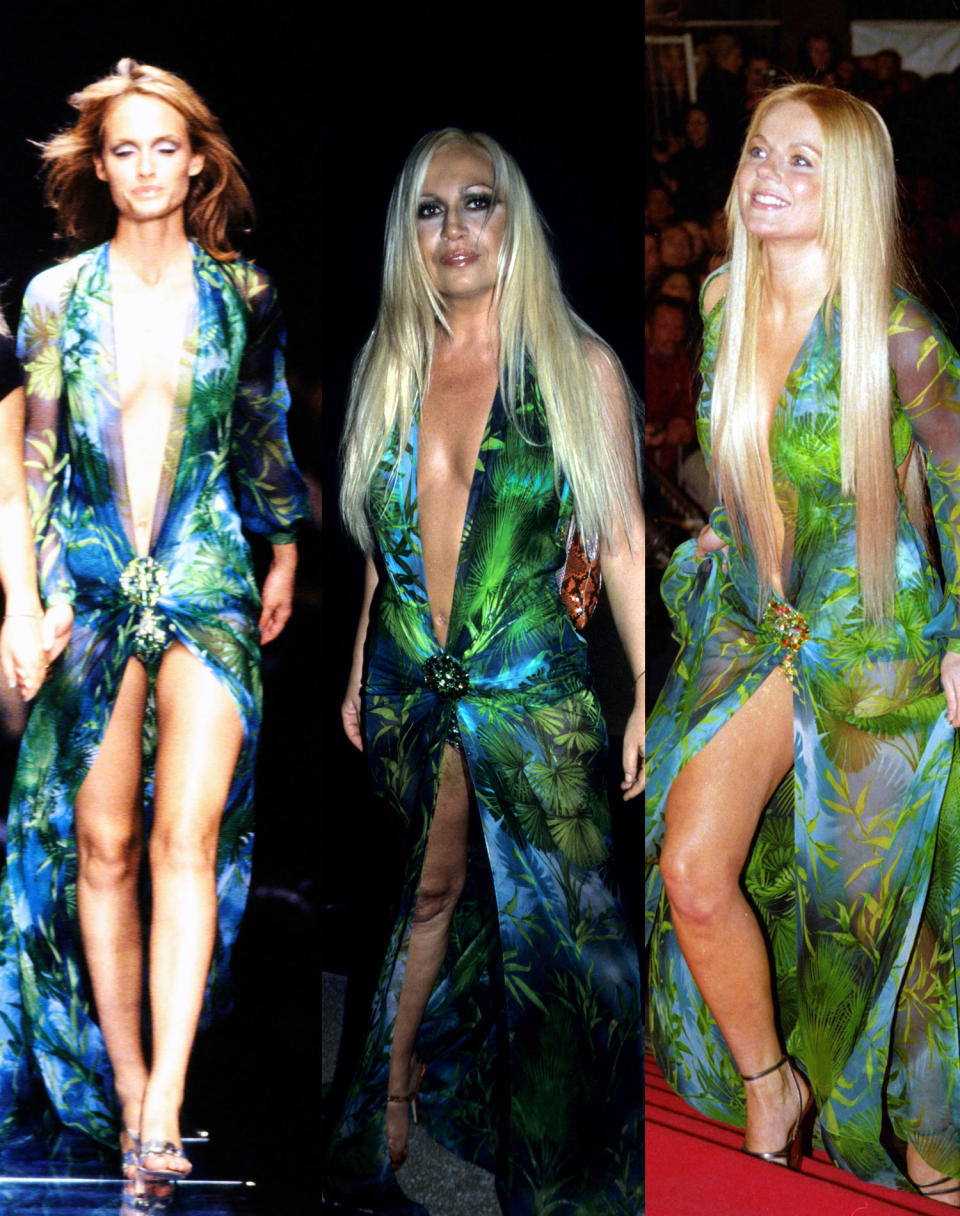 Amber Valletta (L), Donatella Versace (center), and Geri Halliwell all wore the Versace dress before Jennifer Lopez. (Photo: Shutterstock/Getty Images)