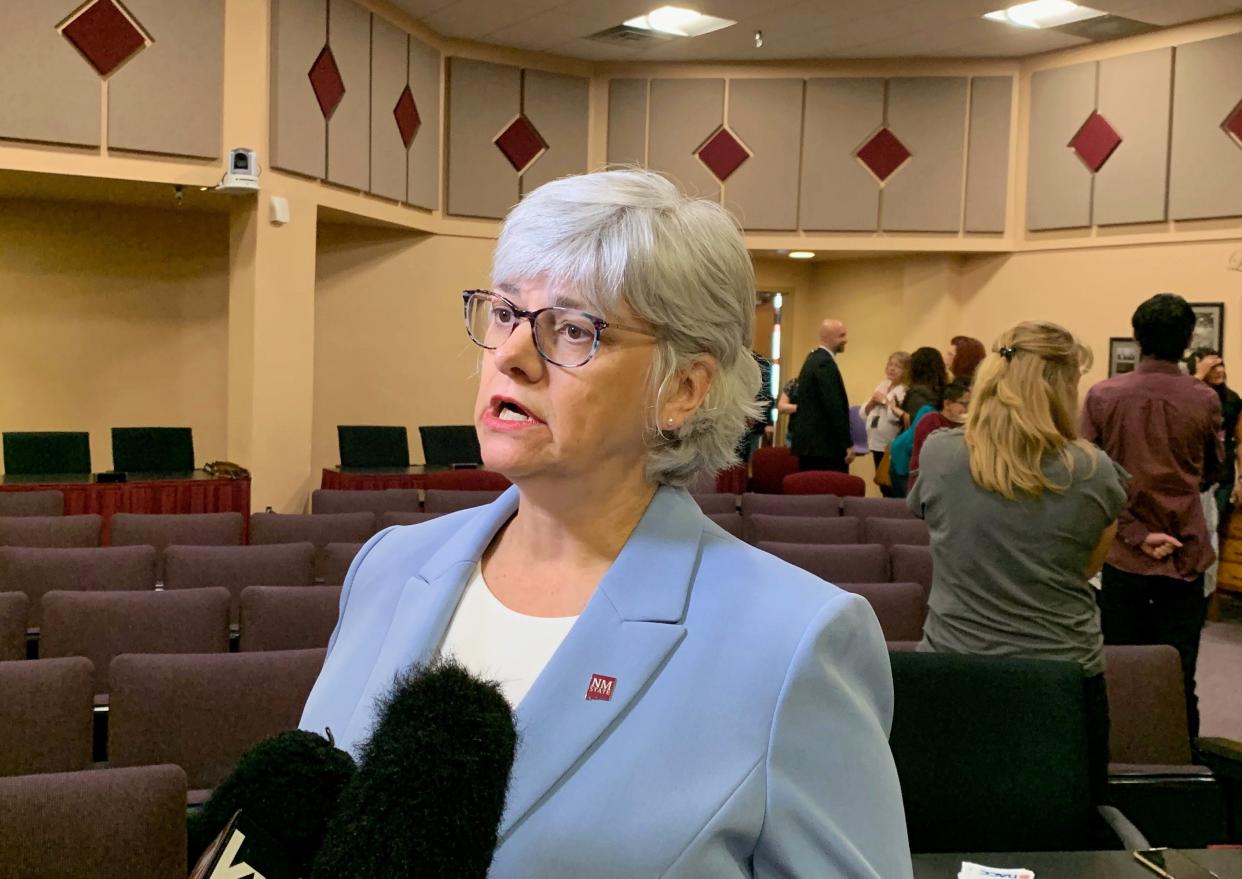 New Mexico State University Provost Carol Parker speaks to reporters following a press conference at the Las Cruces Public Schools on Friday, Aug. 23, 2019.