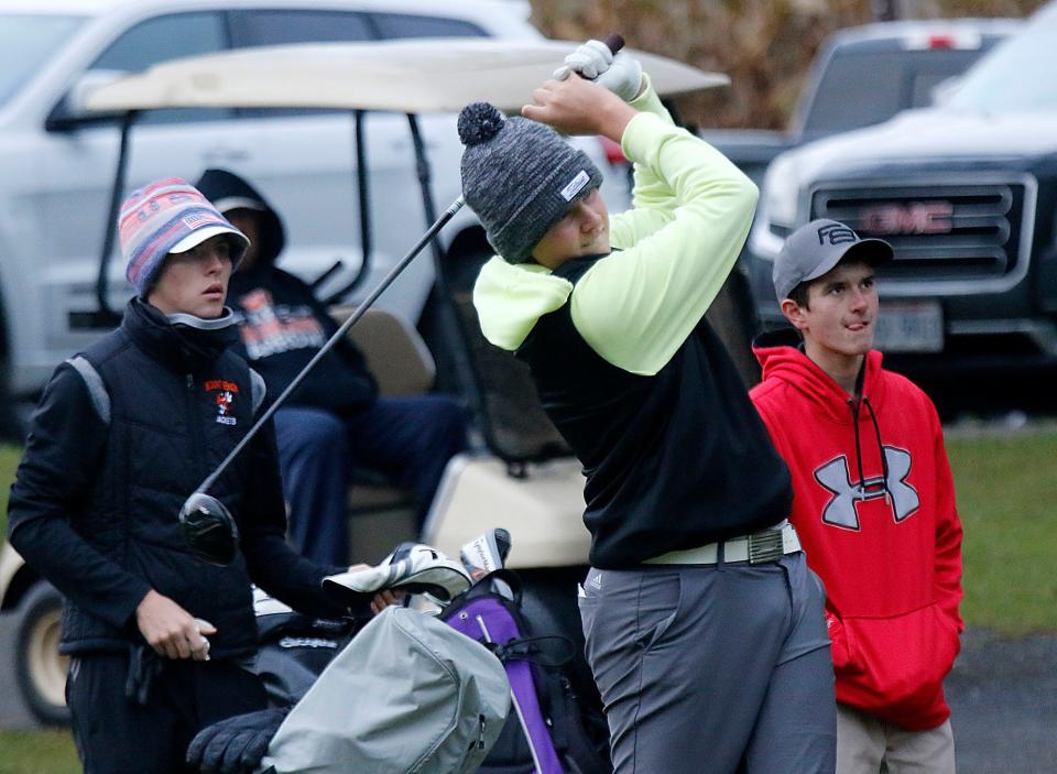 Lexington High School's Troy Chapman tees off during the OCC golf championships Thursday, Sept. 22, 2021 at Mohican Hills Golf Course. TOM E. PUSKAR/TIMES-GAZETTE.COM