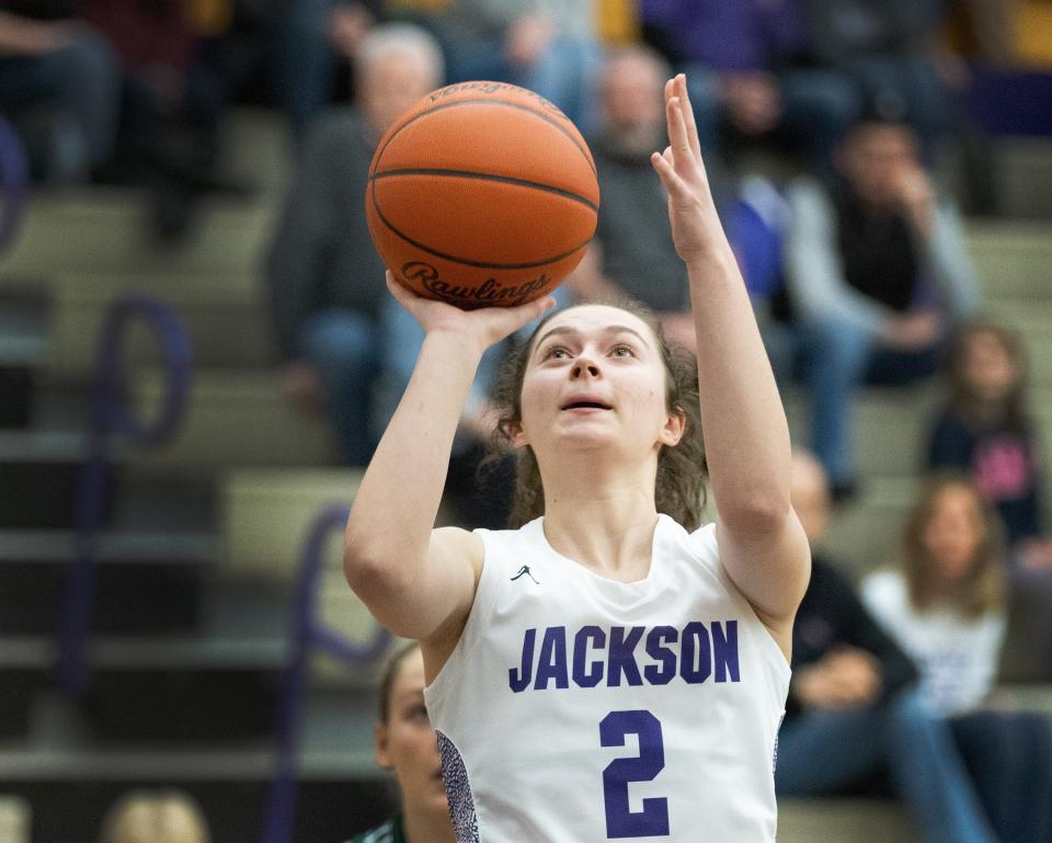 Jackson’s Ashley Lahmers shoots vs. Nordonia in a Division I sectional final, Thursday, Feb. 16, 2023.