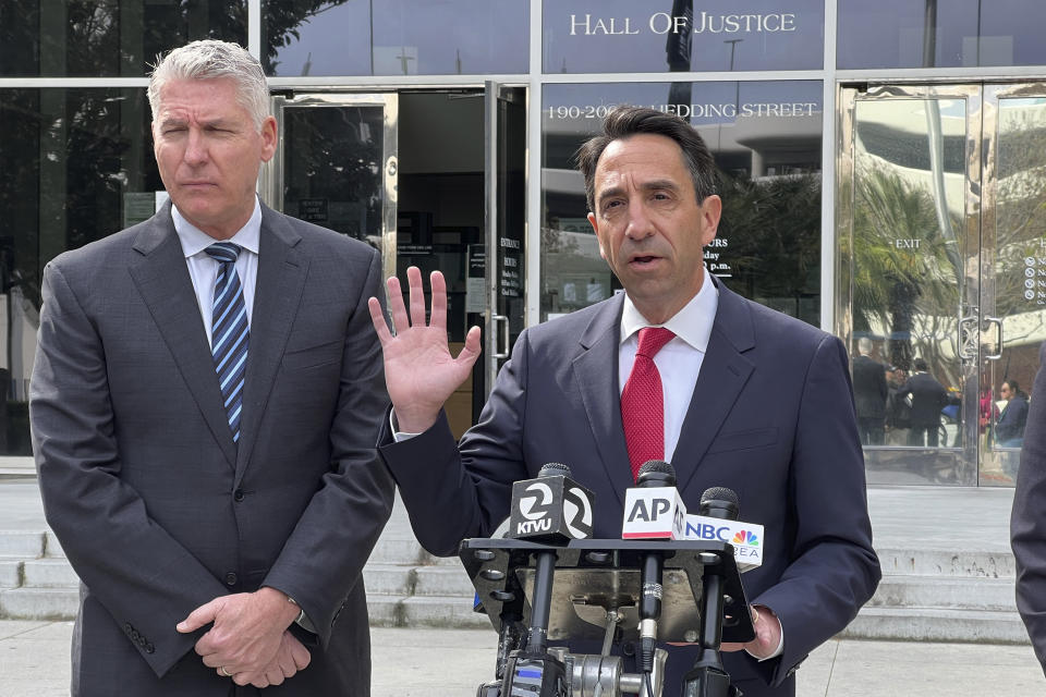 Santa Clara County District Attorney Jeff Rosen speaks outside the Hall of Justice in San Jose, Calif., Monday April 17, 2023, after a Silicon Valley councilmember deferred his pleas on criminal charges for allegedly lying about leaking a grand jury report on the San Francisco 49ers' political influence and relationships with the city's elected officials. Santa Clara City Councilmember Anthony Becker will next appear in court on May 3, 2023, and he remains out of custody in the meantime. (AP Photo/Terry Chea)