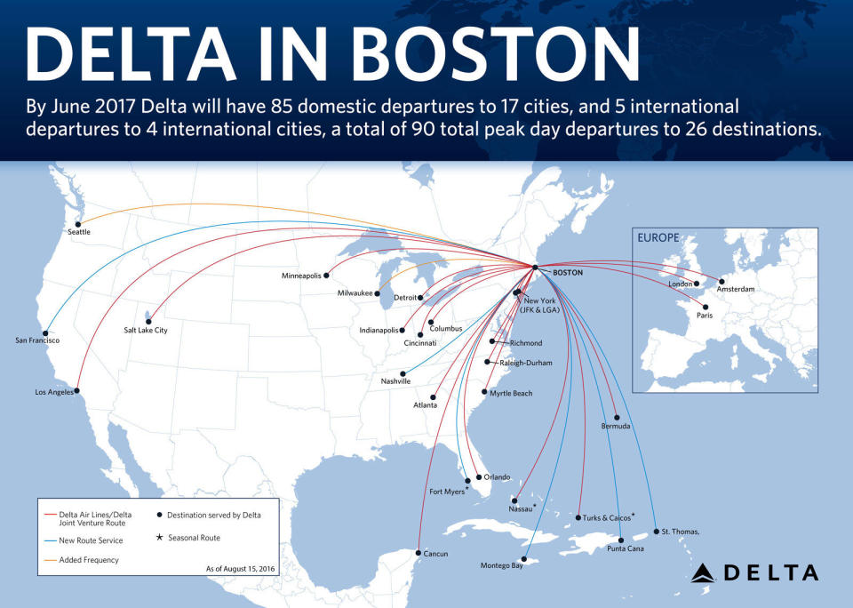 A graphic of the new Delta Air Lines routes from Boston.