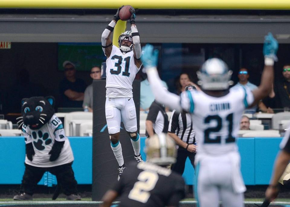 Carolina Panthers safety Juston Burris intercepts a pass by New Orleans Saints quarterback Jameis Winston during second quarter action at Bank of America Stadium in Charlotte, NC on Sunday, September 18, 2021.