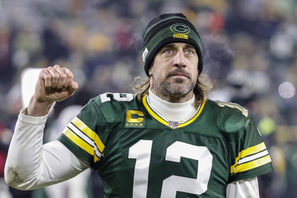 FILE - Green Bay Packers quarterback Aaron Rodgers (12) reacts as he leaves the field after an NFL game against the Minnesota Vikings on Sunday, Jan 2. 2022, in Green Bay, Wis. Rodgers says his intention is to play for the New York Jets in the coming season as the four-time NFL MVP quarterback waits for the Green Bay Packers to trade him. Rodgers made his comments Wednesday, March 15, 2023, during an appearance on “The Pat McAfee Show.” (AP Photo/Jeffrey Phelps, File)