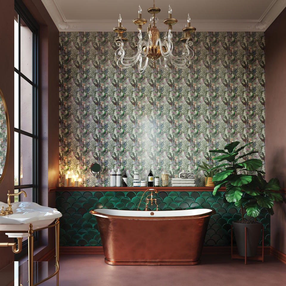 <p> Bathroom tiles are a great way to bring both color and texture into your bathroom design. Combining a deep emerald shade reminiscent of traditional metro tiles with an on-trend scalloped design, these Fish Scale green tiles from Otto Tiles reflect the light from the copper bath, creating a dreamy backdrop for luxuriating. The tiles are complemented by its handmade Birds design. Inspired by the Amazon rainforest, the hardwearing ceramic tiles are the perfect, waterproof way to add a statement print to your traditional bathroom ideas list.&#xA0; </p>
