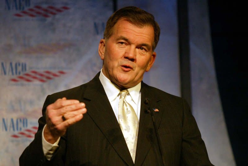 Secretary of Homeland Security Tom Ridge talks about the recent arrest of terrorist Khalid Shaikh Mohammed, the mastermind of the September 11 attacks, while speaking to the National Association of Counties Legislative Conference in Washington, D.C., on March 3, 2003. On January 22, U.S. Senate approved the nomination of Ridge to be the first secretary of Homeland Security by a 94-0 vote. File Photo by Bill Greenblatt/UPI