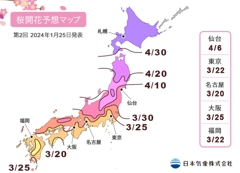 日本櫻花2024｜日本氣象株式會社第二份櫻花預想出爐！全國櫻花比往年早1-2日 即睇東京、大阪、名古屋開花日期