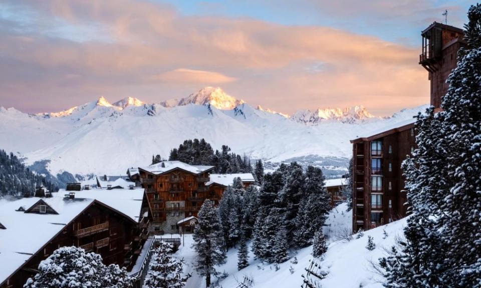 a dawn view over Arc 2000 to Mont Blanc.