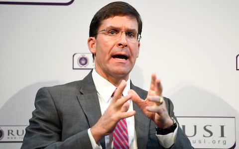 US Defence Secretary Mark Esper, speaking in London about the Iran nuclear deal, said talks with Iran could be possible - Credit: Facundo Arrizabalaga/Rex