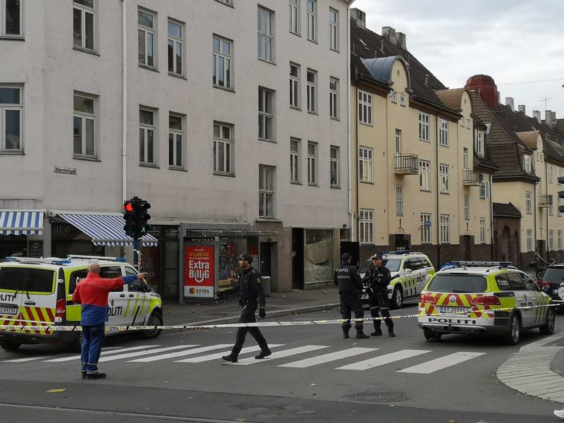 Police is seen at the scene where an armed man stole an ambulance in Oslo