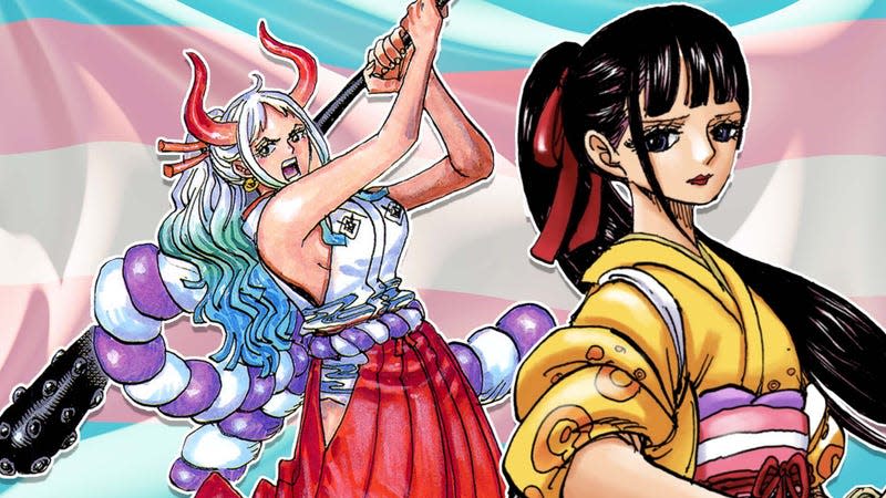 Colored manga images of Yamato and Kiku stand in front of a waving trans flag. 