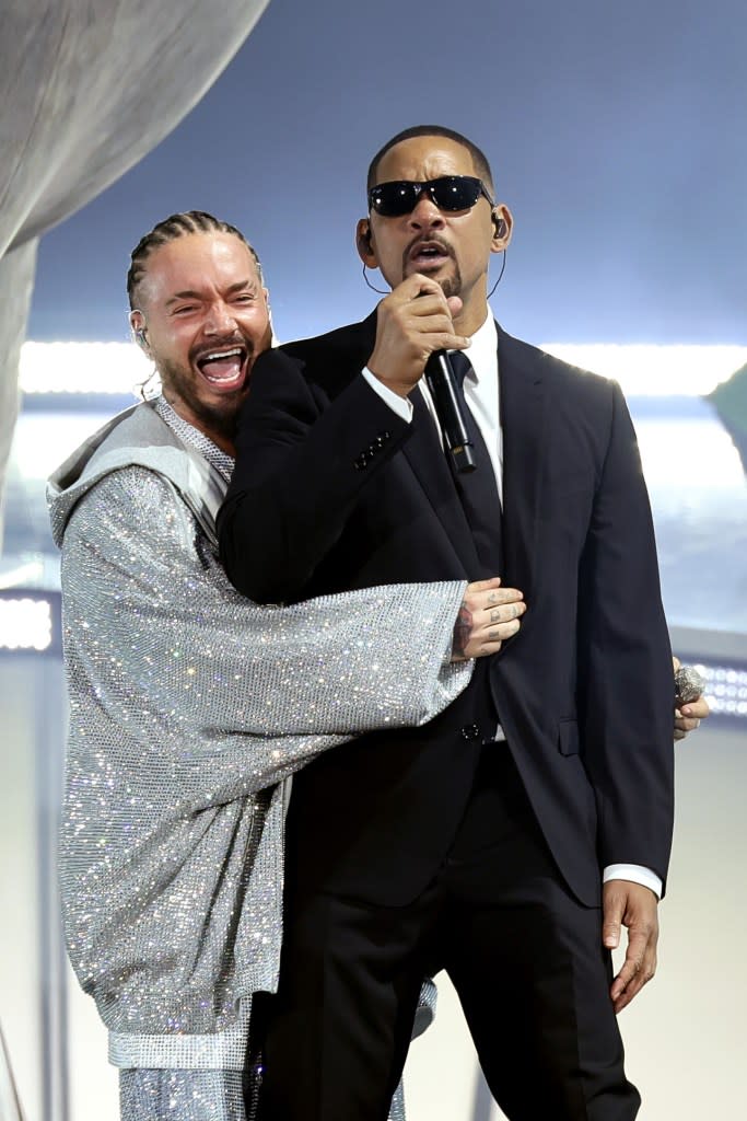 J Balvin (left) with Will Smith. Getty Images for Coachella