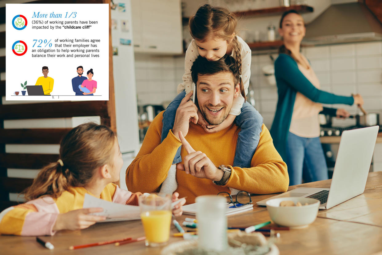 Cheerful multi-generation family having fun together at home - a man holding a child on his shoulders. People happiness concept.