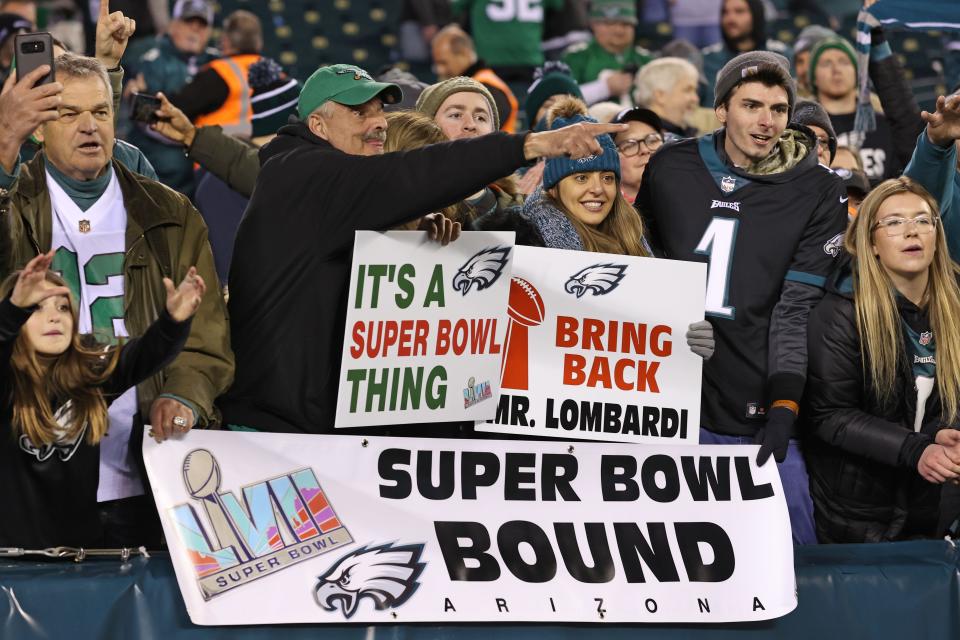 Philadelphia Eagles fans celebrate the win against the San Francisco 49ers in the NFC championship game at Lincoln Financial Field.