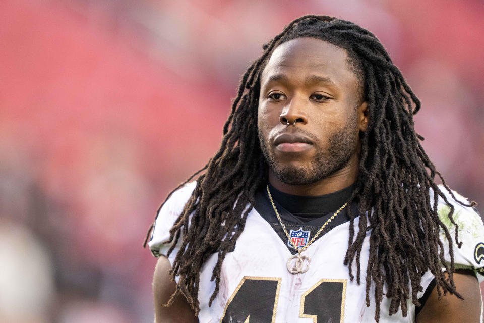 November 27, 2022; Santa Clara, California, USA; New Orleans Saints running back Alvin Kamara (41) after the game against the San Francisco 49ers at Levi's Stadium. Mandatory Credit: Kyle Terada-USA TODAY Sports