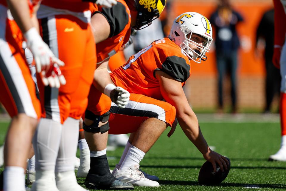 Feb 5, 2022; Mobile, AL, USA;  National Squad offensive lineman Cole Strange of Tennessee-Chattanooga (69) in the first half against the American squad during the Senior bowl at Hancock Whitney Stadium. Mandatory Credit: Nathan Ray Seebeck-USA TODAY Sports