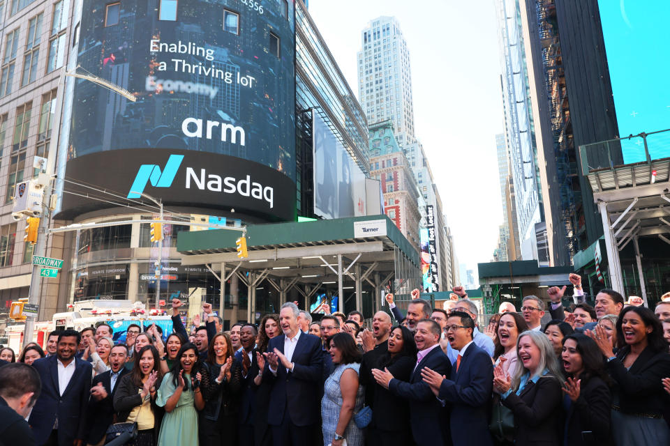 NEW YORK, NEW YORK - SEPTEMBER 14:  Arm Holdings CEO Rene Haas poses for a photo with members of leadership outside of the Nasdaq MarketSite on September 14, 2023 in New York City. Arm, the chip design firm that supplies core technology to companies that include Apple and NVidia, priced its initial public offering at $51 a share.  (Photo by Michael M. Santiago/Getty Images)