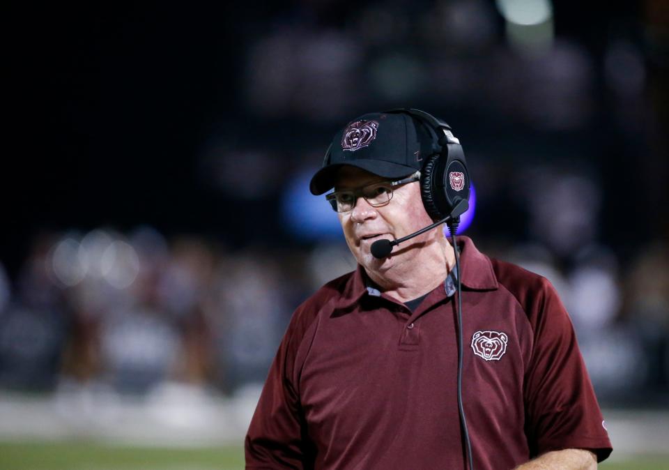 Missouri State Bears head coach Bobby Petrino leads the Bears as they take on the UT Martin Skyhawks at Plaster Stadium on Thursday, Sept. 8, 2022. 