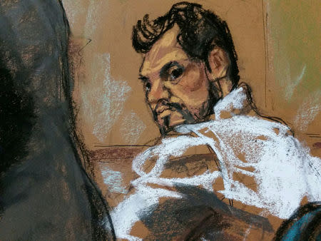 Mehmet Hakan Atilla, a deputy general manager of Halkbank, is shown in this court room sketch as he appears in Manhattan federal court in New York, New York, U.S., March 28, 2017. REUTERS/Jane Rosenberg