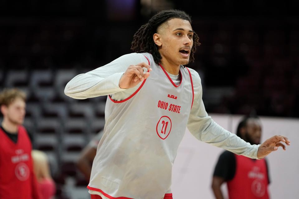 Oct 19, 2023; Columbus, Ohio, USA; Ohio State Buckeyes forward Devin Royal (21) plays defense during an open practice at Value City Arena.