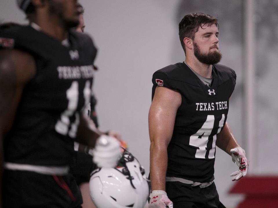 Texas Tech linebacker Ty Kana (41) is shown in a preseason practice in August. Kana has left the team, coach Joey McGuire said, to focus on his studies in engineering.