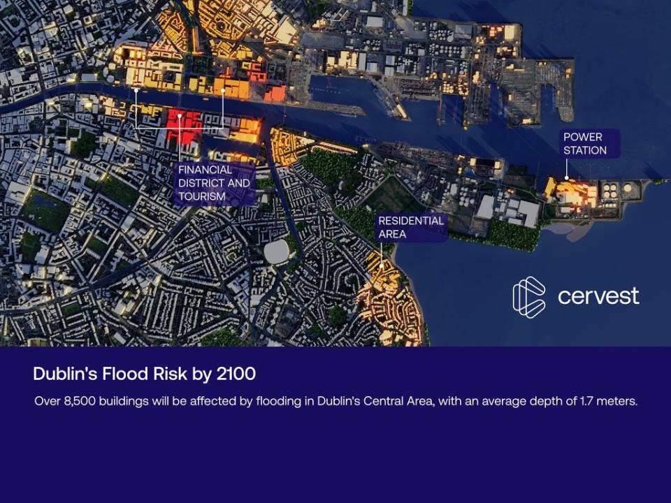 A data visualisation image from Cervest shows that thousands of buildings in Dublin will be at risk of coastal flooding by 2100 (Cervest)